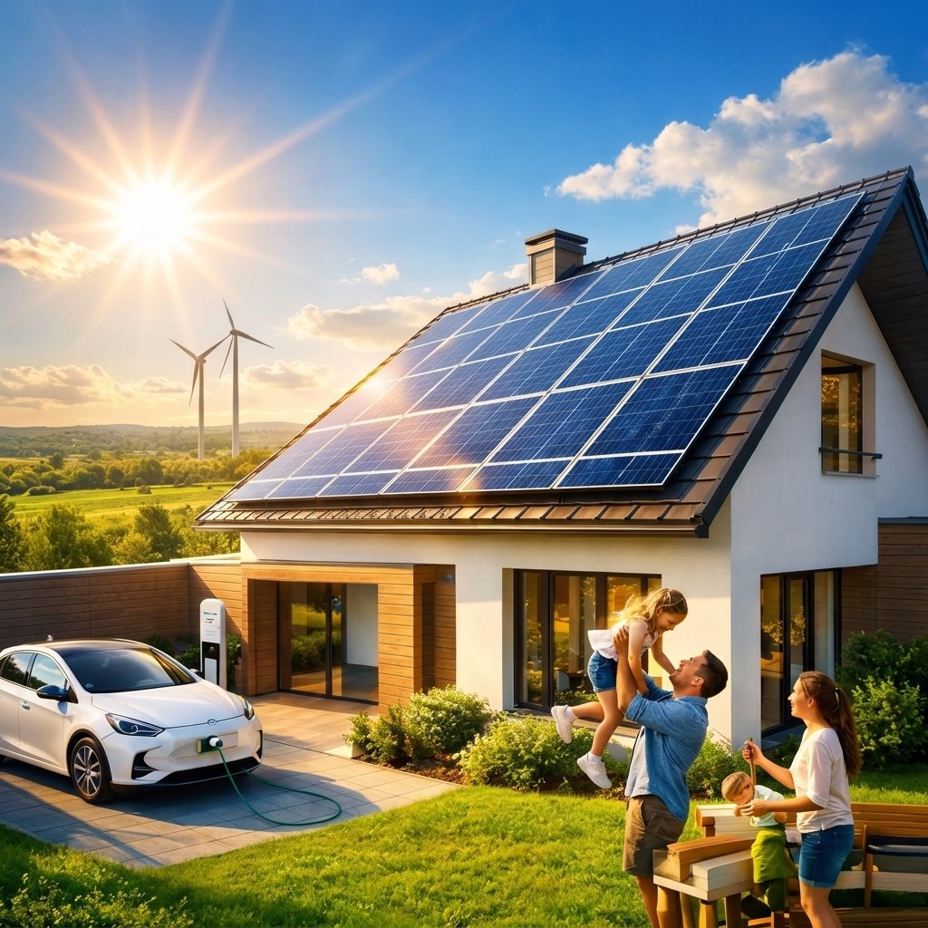 Casa moderna sustentável com energia solar e família
