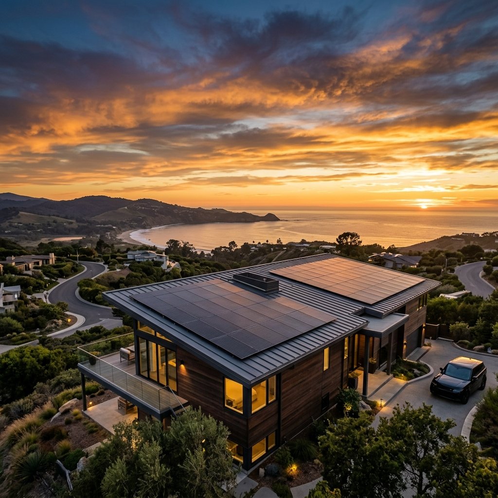 Painéis solares sobre o telhado ao pôr do sol